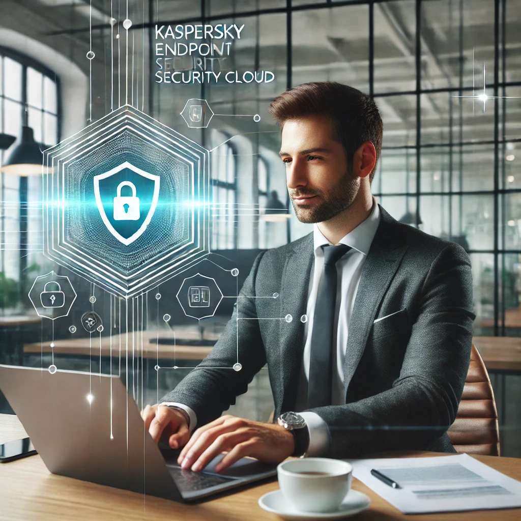 DALL·E 2025-03-12 00.09.45 – A business owner sitting at a desk, looking at a laptop with a Kaspersky Endpoint Security Cloud dashboard open. The person appears confident and enga