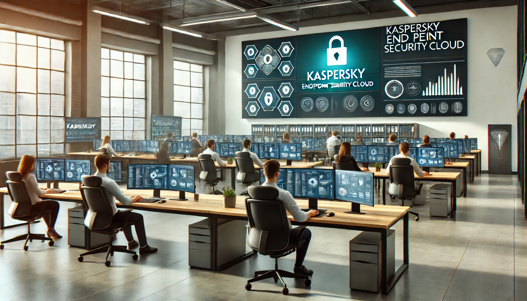 DALL·E 2025-03-12 00.17.19 – A modern office with 10 computers on desks, each displaying the Kaspersky Endpoint Security Cloud interface. The environment is professional, with emp